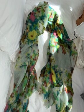 Epice Paris France green blue watercolor painted flowers wool scarf shawl